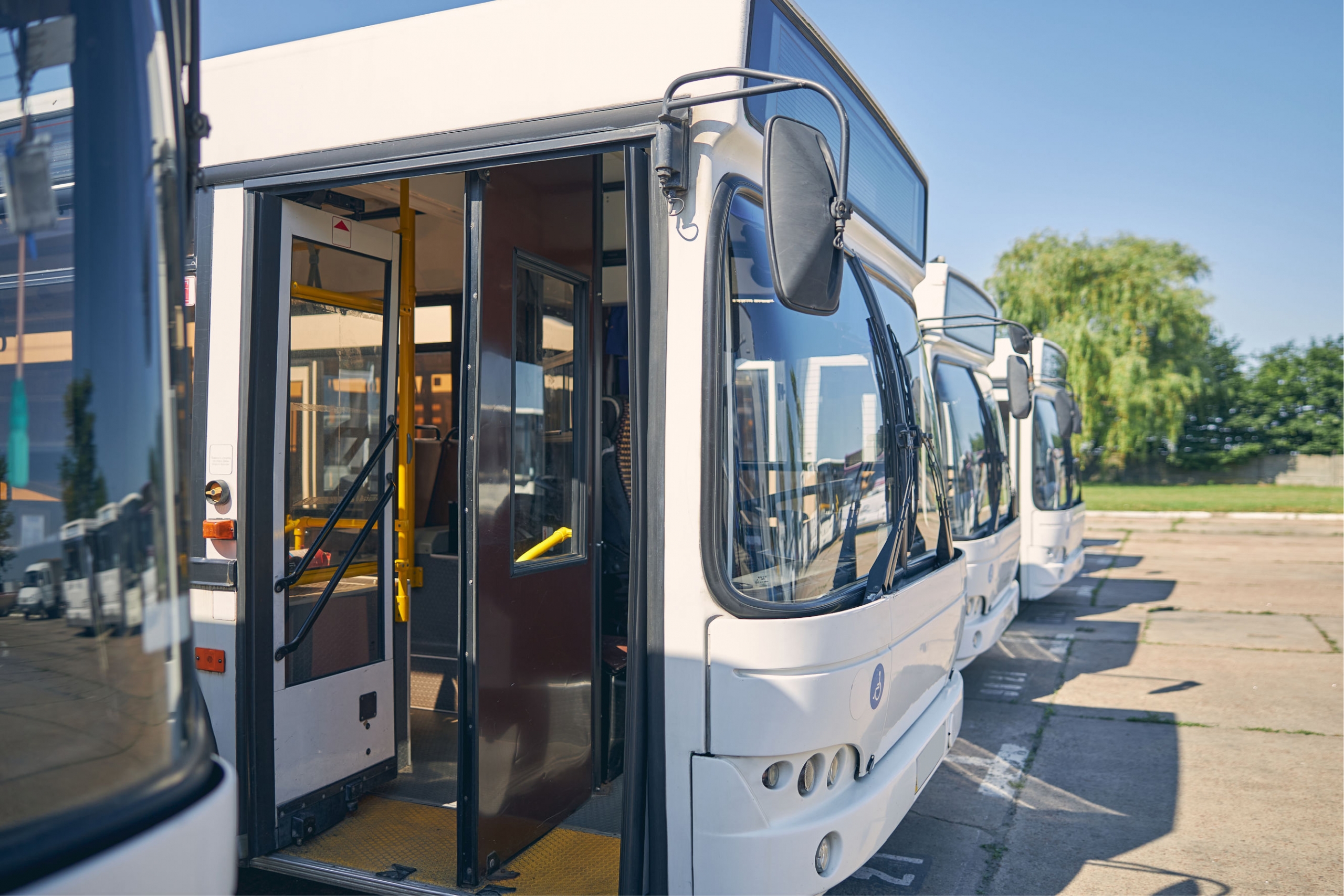 the fronts of several white buses